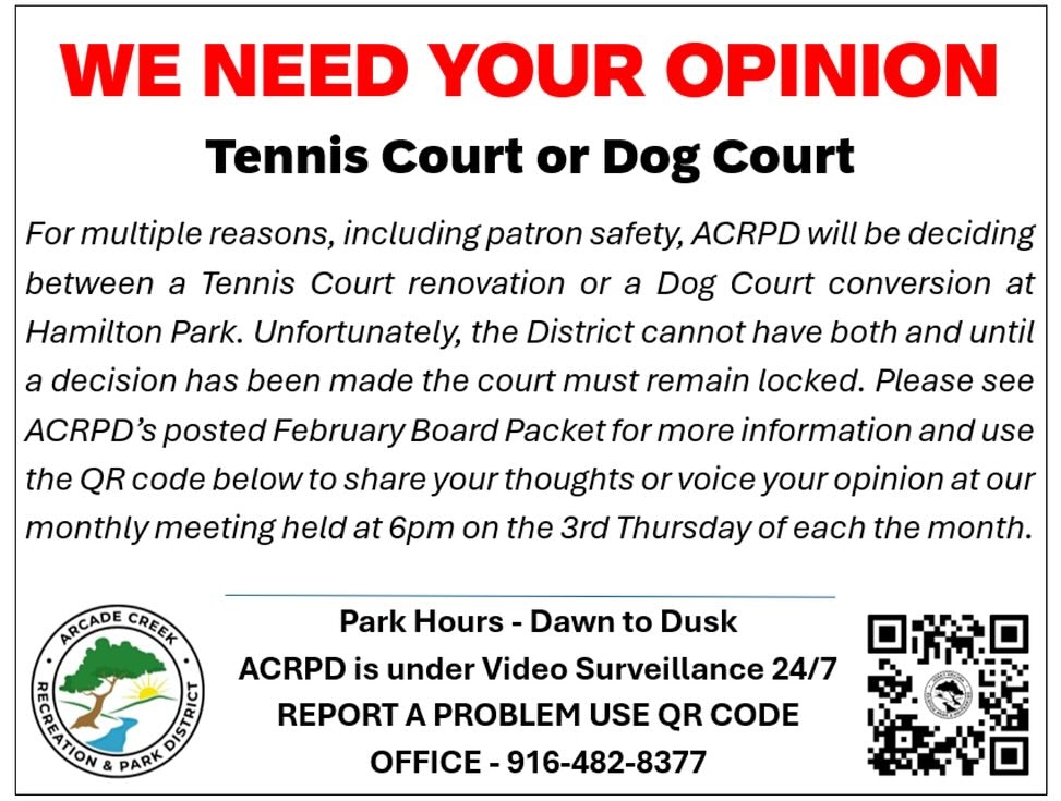 Community input needed: Tennis Court vs Dog Court at Hamilton Park. Vote via QR code or meeting (3rd Thursday monthly).