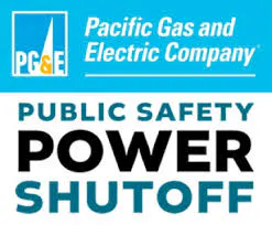 Pacific Gas and Electric Company (PG&E) graphic displaying "Public Safety Power Shutoff" in bold text with the PG&E logo on a blue background.