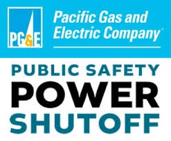 Pacific Gas and Electric Company (PG&E) graphic displaying "Public Safety Power Shutoff" in bold text with the PG&E logo on a blue background.