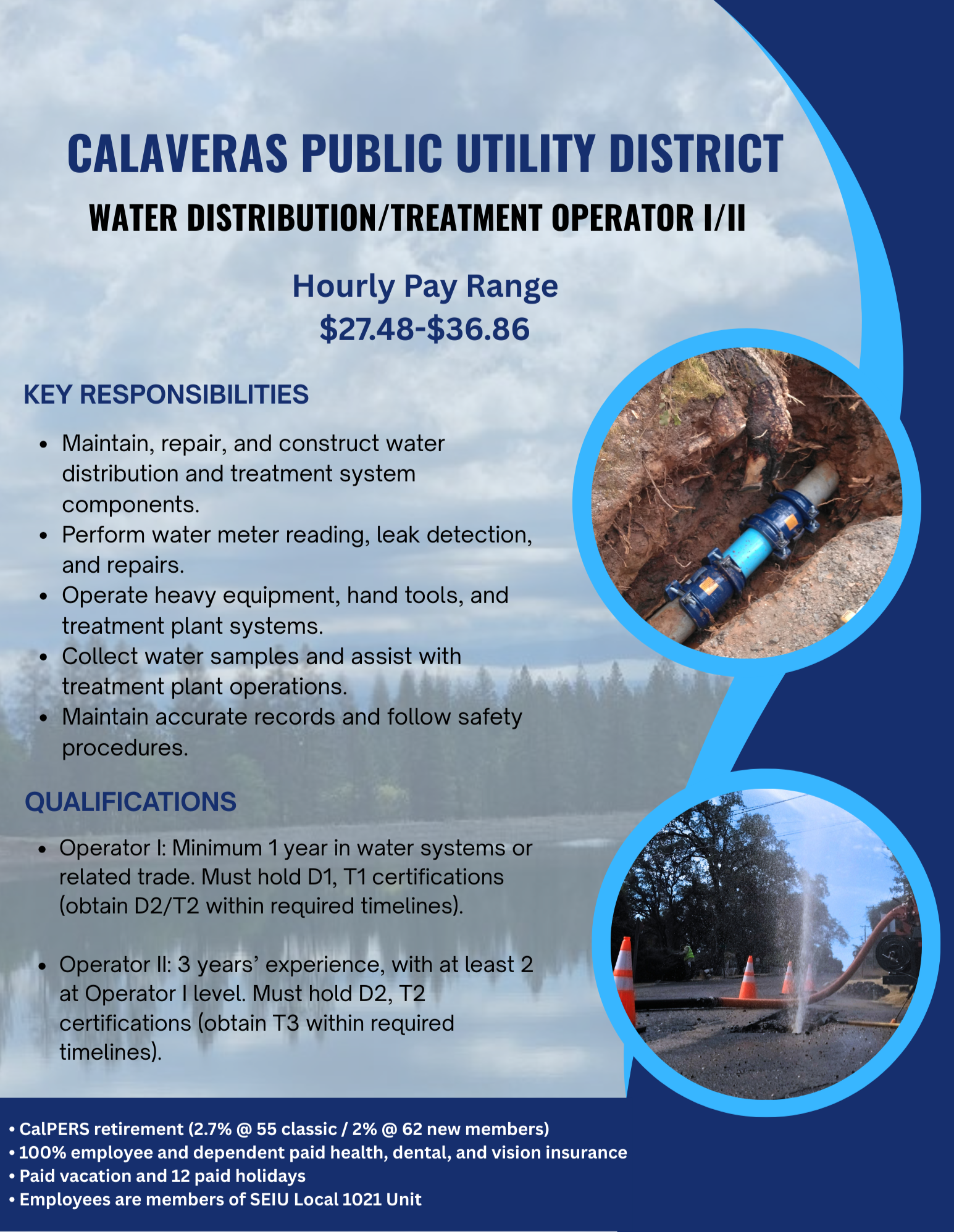 Job ad for Water Distribution/Treatment Operator in Calaveras PUD. Pay: $27.48-$36.86/hr. Lists responsibilities, qualifications, benefits.