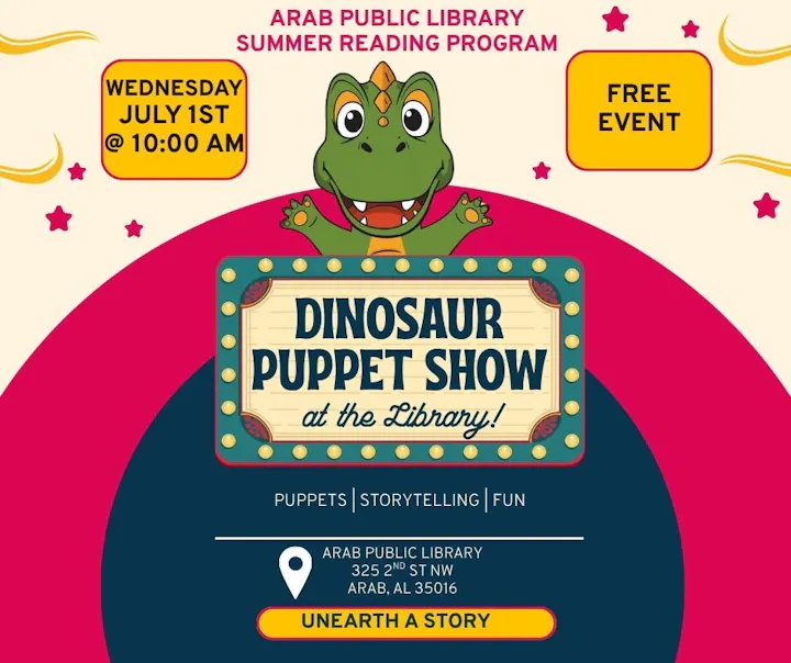 A free dinosaur puppet show at the Arab Public Library on July 1st at 10 AM. Join for fun and storytelling!