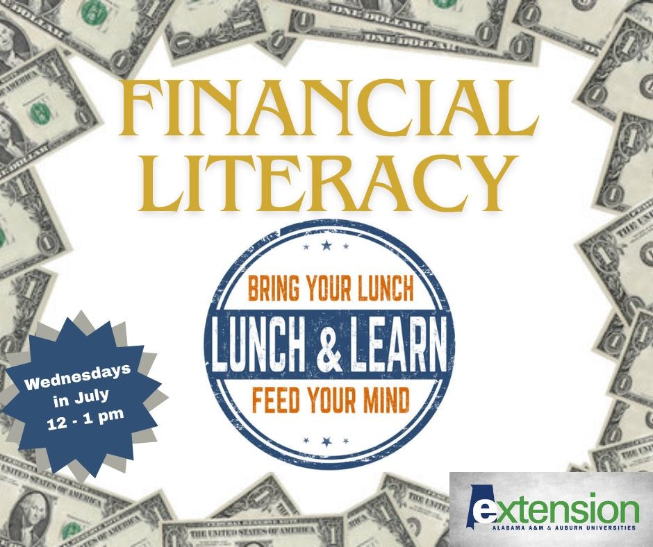 Financial Literacy Lunch & Learn event poster; Bring your lunch, feed your mind. Wednesdays in July, 12-1 pm.