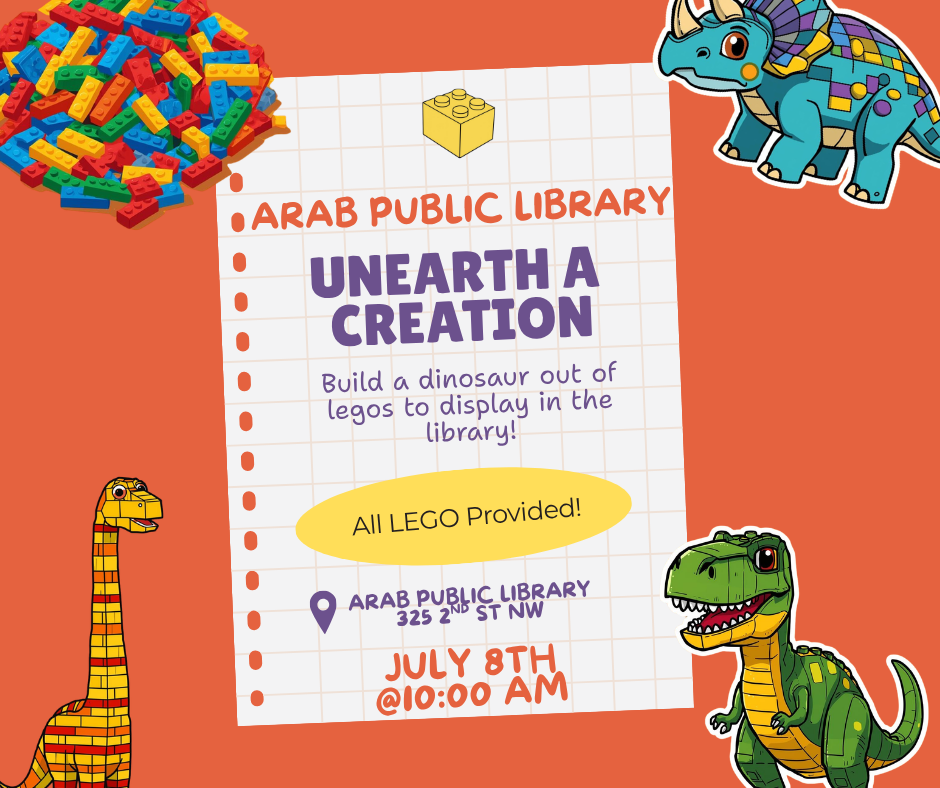 Join the Arab Public Library on July 8th at 10 AM to build dinosaur models with provided LEGO! Fun for all ages!