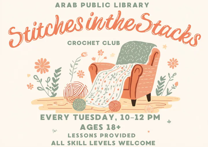 The image is an advertisement for a crochet club at the Arab Public Library, held every Tuesday from 10 AM to 12 PM for ages 18+.