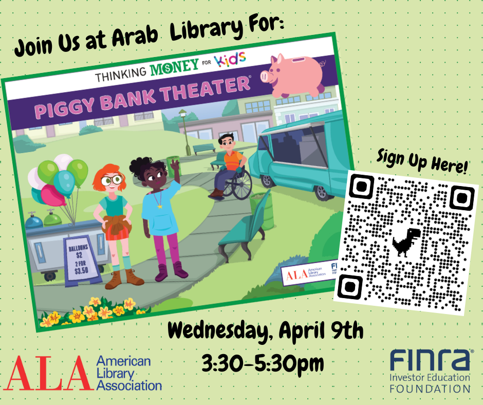 Event ad for "Piggy Bank Theater" at Arab Library, April 9th, 3:30-5:30pm. Includes a QR code.