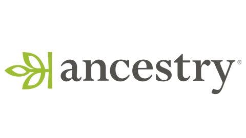 Ancestry logo in black text with a green leaf design on the left.