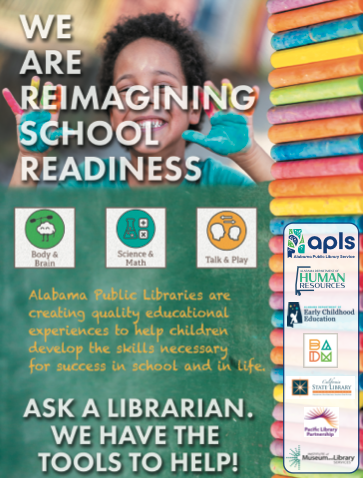 Poster promoting Alabama Public Libraries' educational resources for school readiness, featuring a child and colorful pencils.
