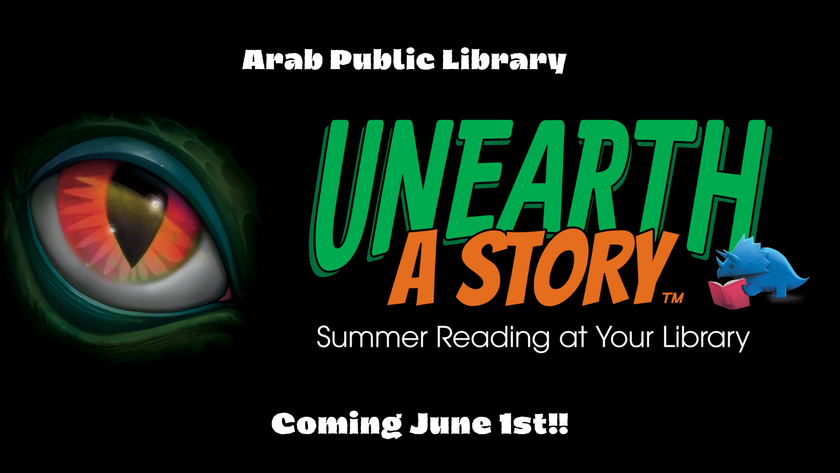 The image promotes the "Unearth a Story" summer reading program at the Arab Public Library, starting June 1st.