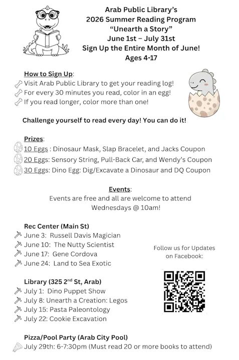 The Arab Public Library's 2026 Summer Reading Program runs June 1-July 31, offering prizes for reading and special events. Ages 4-17!