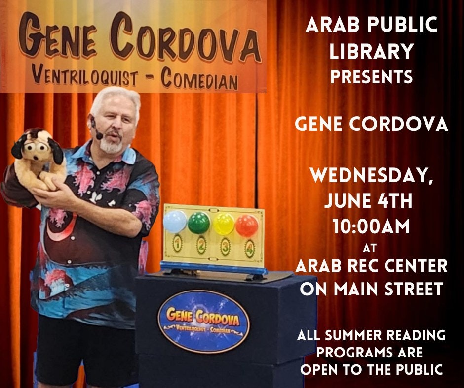 Gene Cordova, ventriloquist-comedian, performs at Arab Rec Center, June 4th, 10:00 AM. Open to the public, hosted by Arab Public Library.
