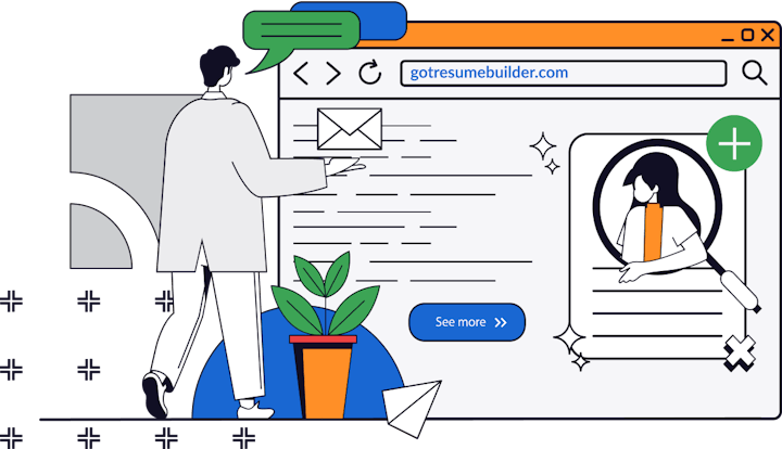 A person interacting with a resume-building website interface, featuring email, magnifying glass, and "See more" button.