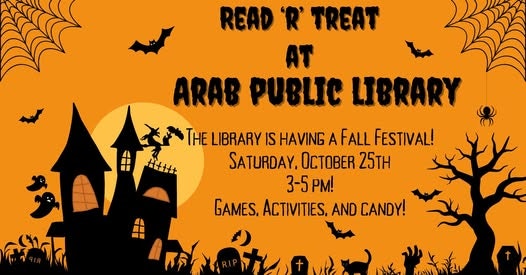 Halloween-themed fall festival poster for Arab Public Library, October 25th, 3-5 PM, featuring games, activities, and candy.