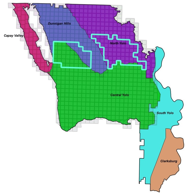 Map showing regions: Capay Valley (red), Dunnigan Hills (blue), North Yolo (purple), Central Yolo (green), South Yolo (cyan), Clarksburg (brown).