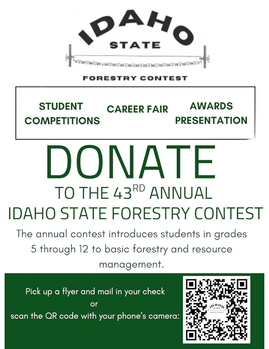 The image promotes donations for the 43rd Idaho State Forestry Contest, supporting students in grades 5-12 in forestry education.