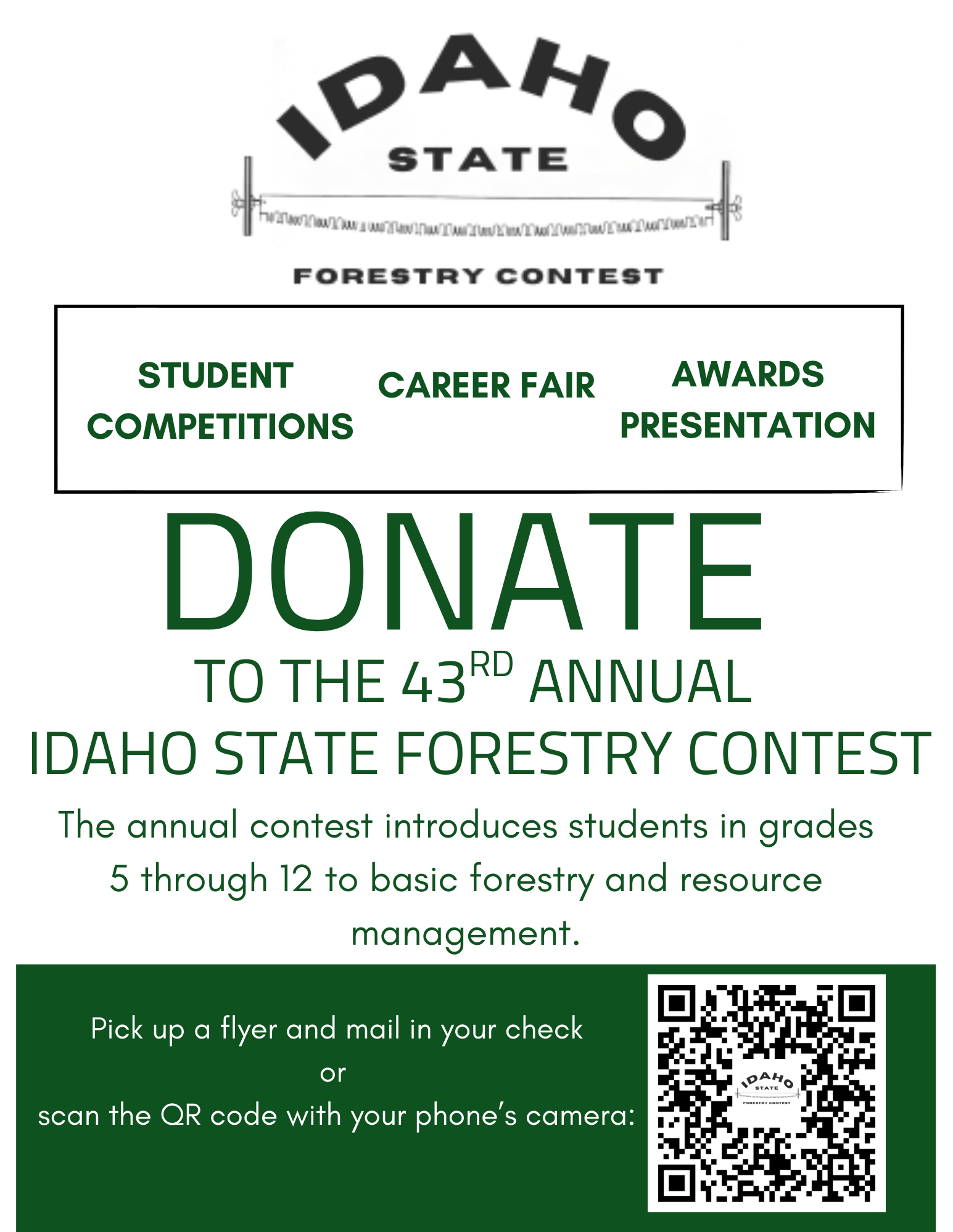 The image promotes donations for the 43rd Idaho State Forestry Contest, supporting students in grades 5-12 in forestry education.