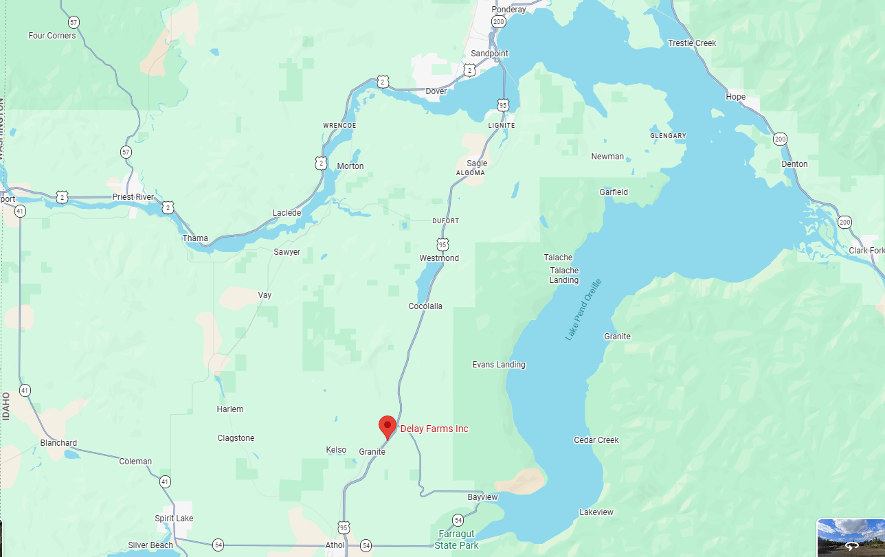 The image is a map showing roads and locations in northern Idaho, with "Delay Farms Inc" marked near Granite.