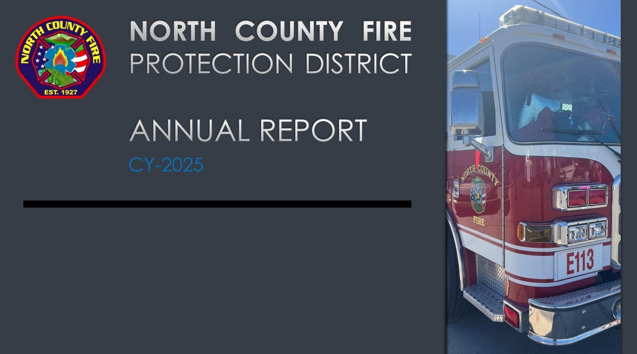 The image shows the cover of the North County Fire Protection District's annual report for CY-2025, featuring a fire truck.