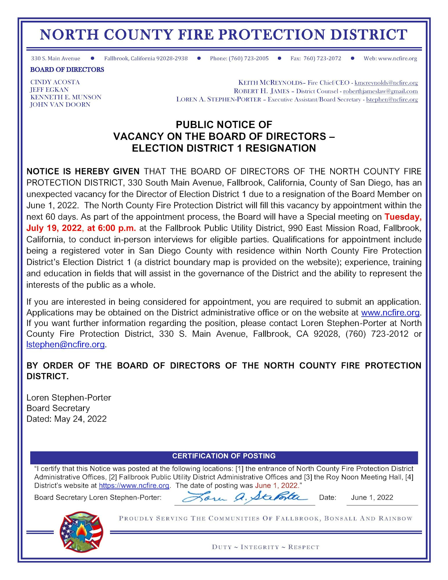 Public notice of a board vacancy in the North County Fire Protection District, detailing application procedures and interview date.