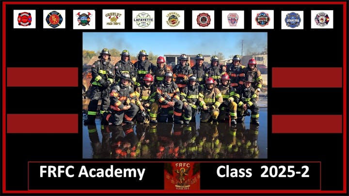 A group of firefighters from the FRFC Academy, Class 2025-2, poses together in gear against a smoky backdrop.