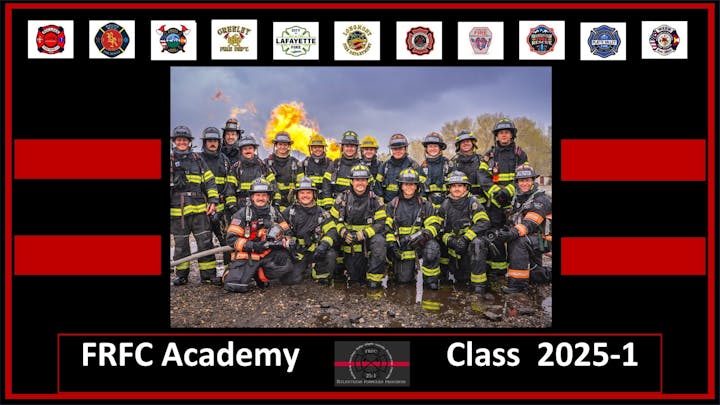 Firefighter class photo with people in gear, logos above, and "FRFC Academy Class 2025-1" text below.