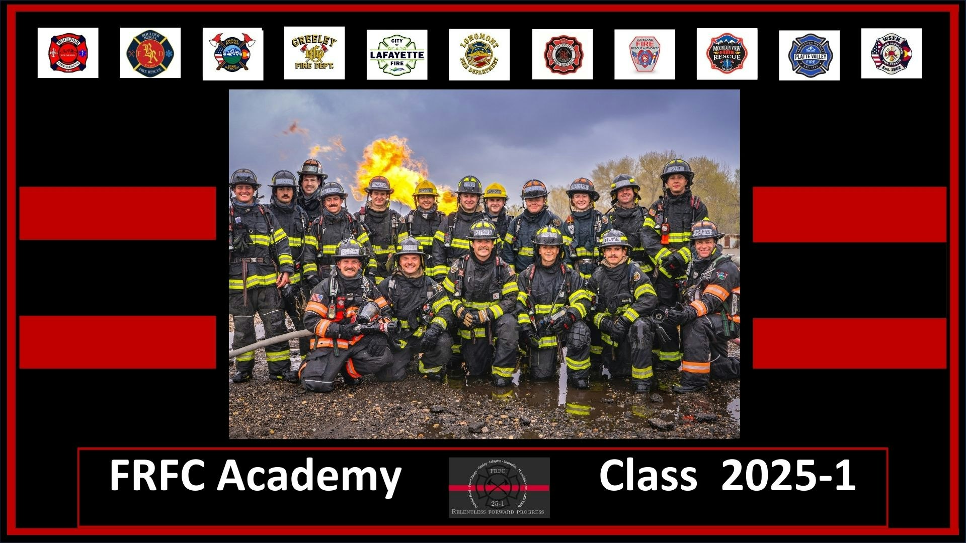 Firefighter class photo with people in gear, logos above, and "FRFC Academy Class 2025-1" text below.