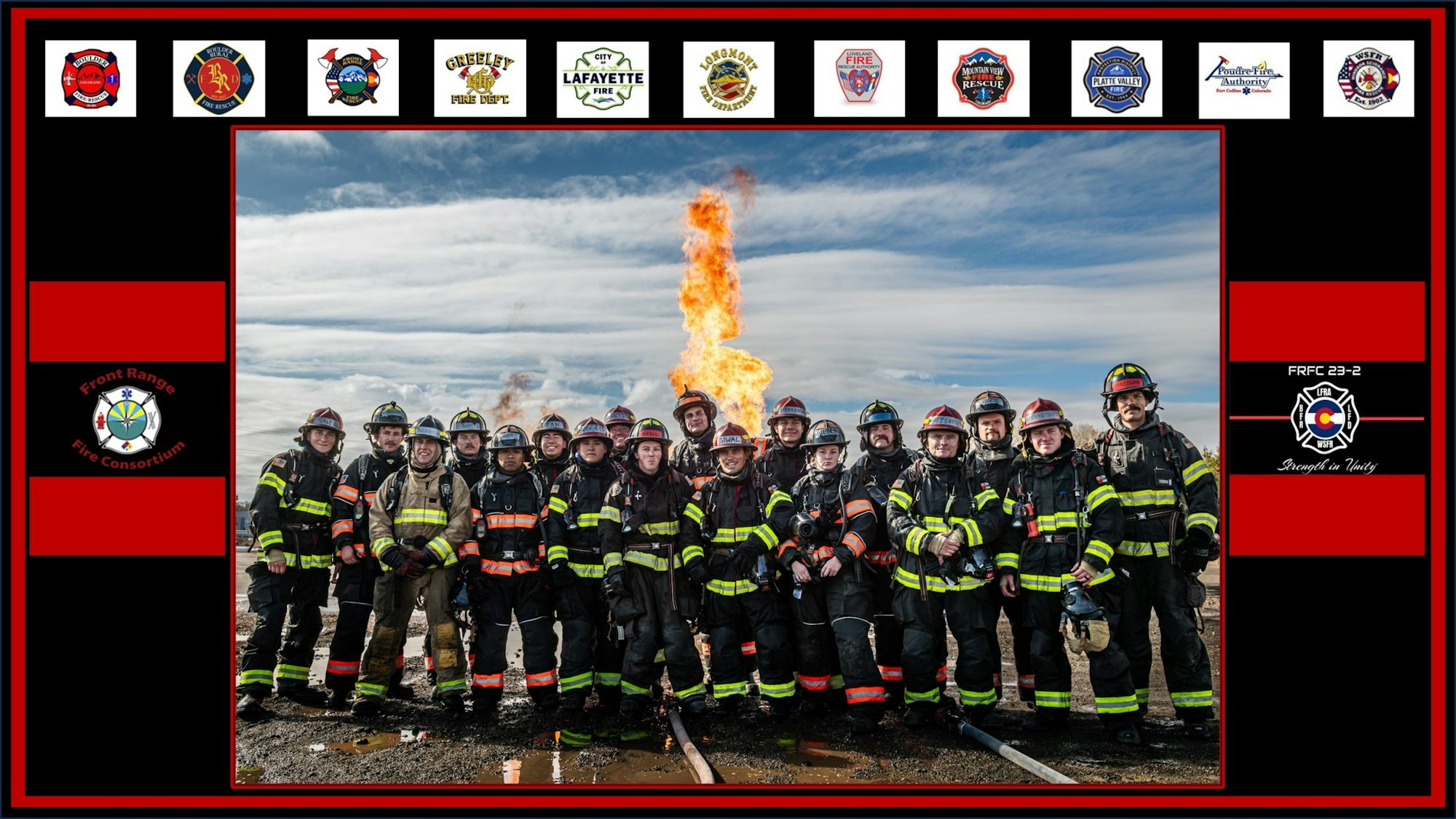 A group of firefighters in uniform posing in front of a fire with various fire department logos surrounding the photo.