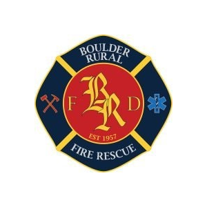 The image features a logo for Boulder Rural Fire Rescue, established in 1957, with symbols for firefighting and emergency services.