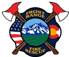 Front Range Fire Rescue logo with crossed axes, mountains, American and Colorado flags.