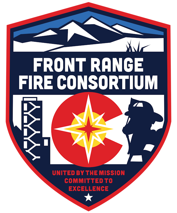 Shield-shaped emblem for Front Range Fire Consortium with mountains, star, firefighter silhouette, and text "United by the Mission Committed to Excellence".