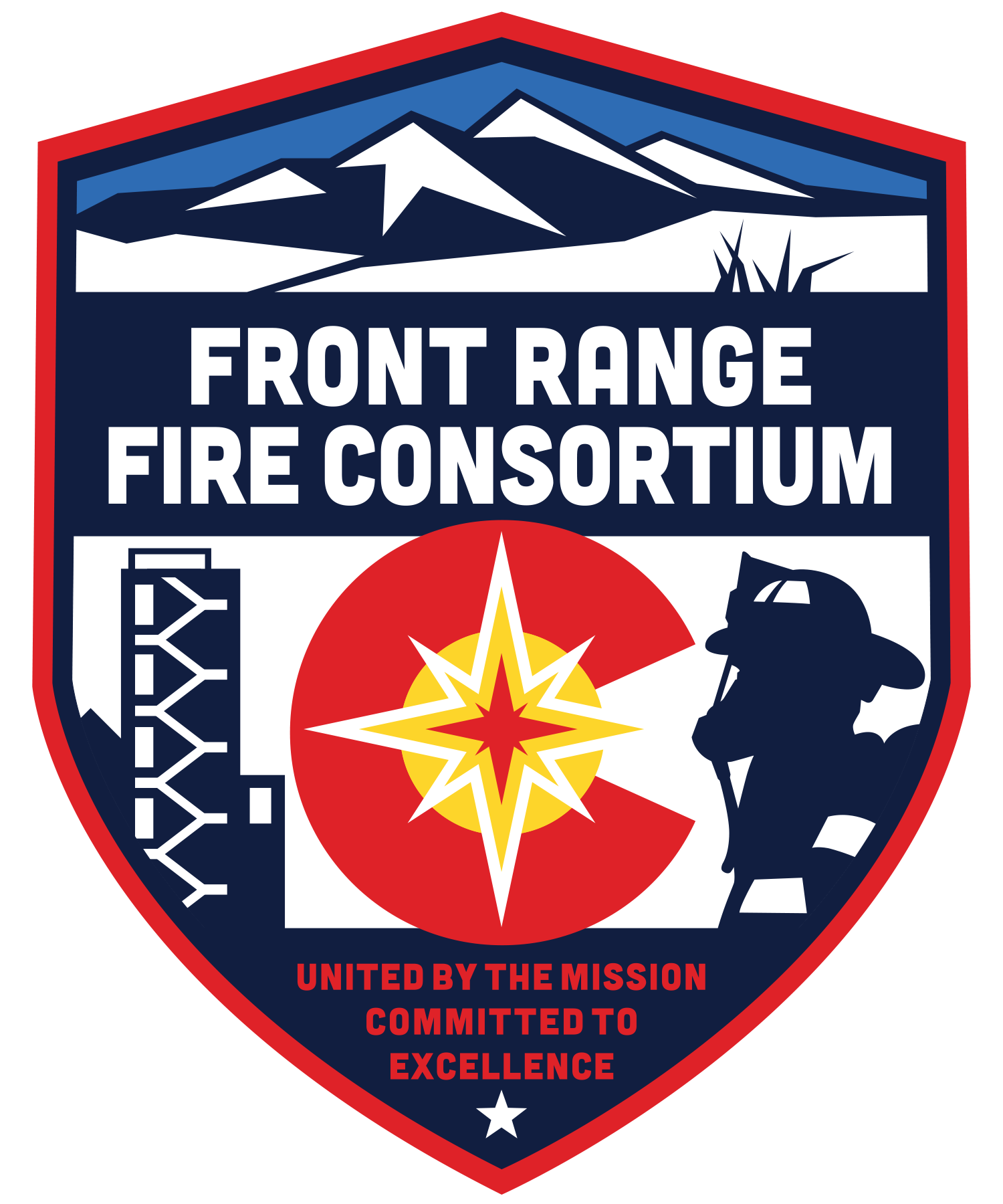Shield-shaped emblem for Front Range Fire Consortium with mountains, star, firefighter silhouette, and text "United by the Mission Committed to Excellence".