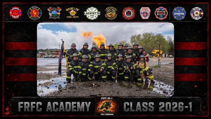 A group of firefighters in uniforms poses for a class photo at the FRFC Academy, with flames in the background.
