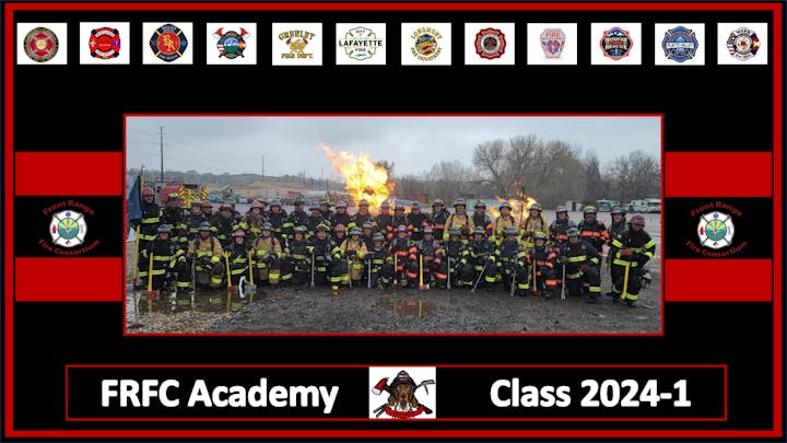 Group of firefighters posing outdoors with flames in the background, labeled "FRFC Academy Class 2024-1" with various fire department logos.
