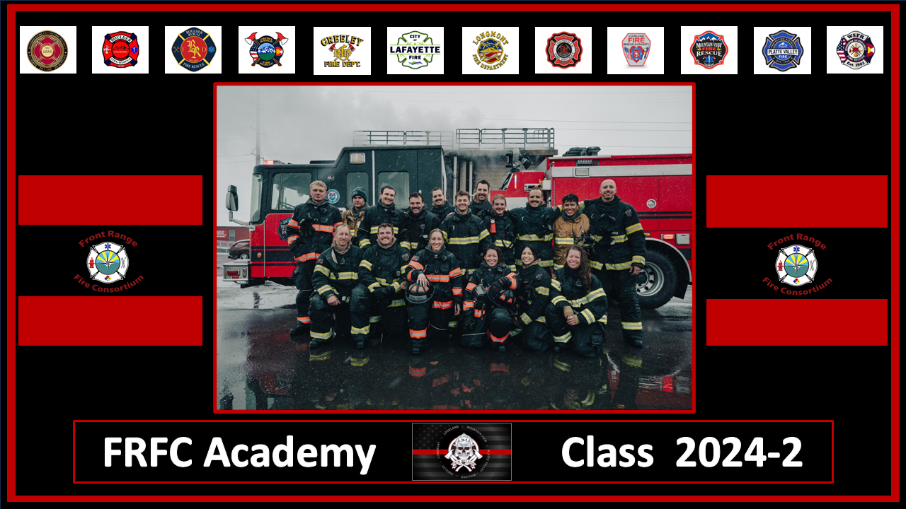 A group of firefighters posing in front of a fire truck. Text: "FRFC Academy Class 2024-2" with various fire department logos.