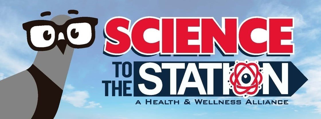 Cartoon pigeon with glasses beside "SCIENCE TO THE STATION: A Health & Wellness Alliance" text. Sky background.