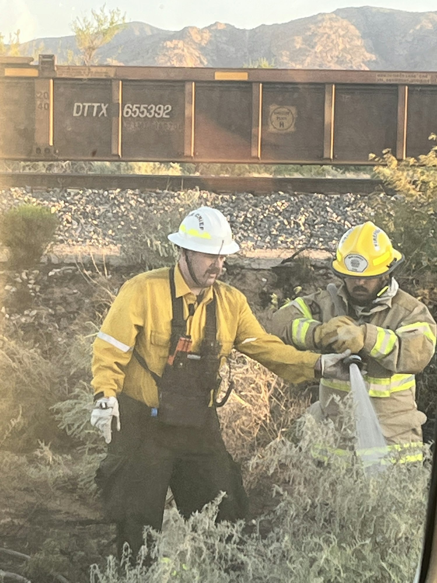 Firefighters in yellow gear work near a train, using a hose to spray water amidst bushes.