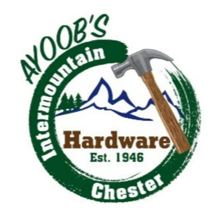 Logo for AYOOB'S Intermountain Hardware, Chester, with mountain and hammer design. Established 1946.