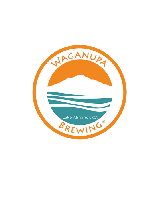 The image features a circular logo for Waganupa Brewing, located in Lake Almanor, CA, with stylized waves and a mountain.