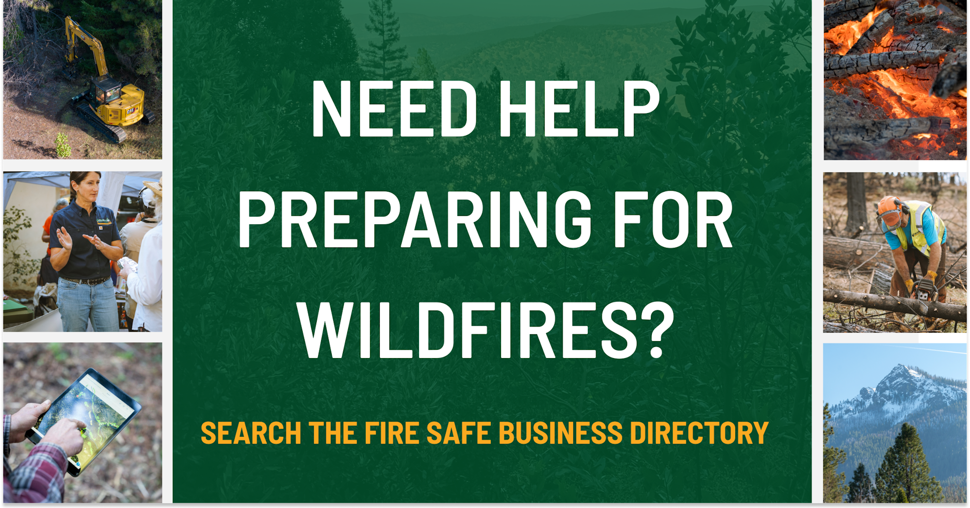 The image promotes wildfire preparedness and encourages searching a directory for fire-safe businesses.