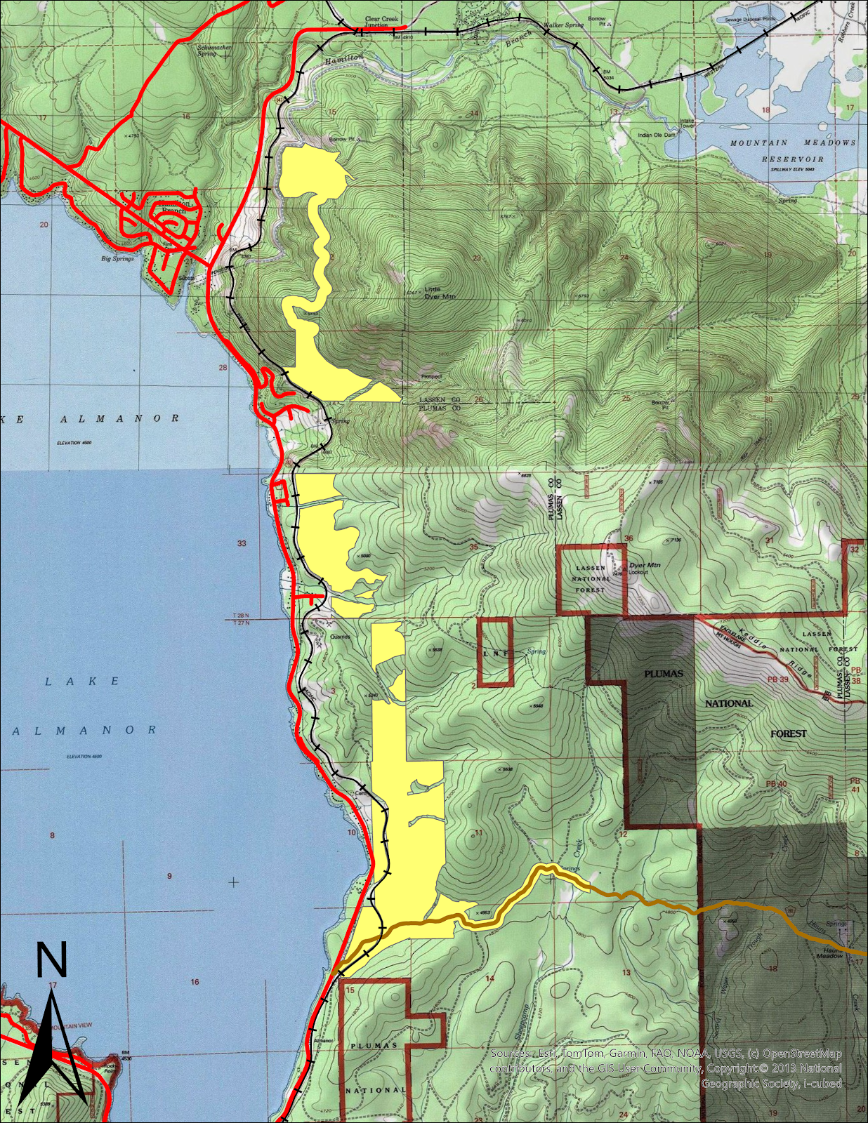 The image is a topographic map showing Lake Almanor and surrounding terrain, with highlighted areas in yellow and red lines indicating boundaries.