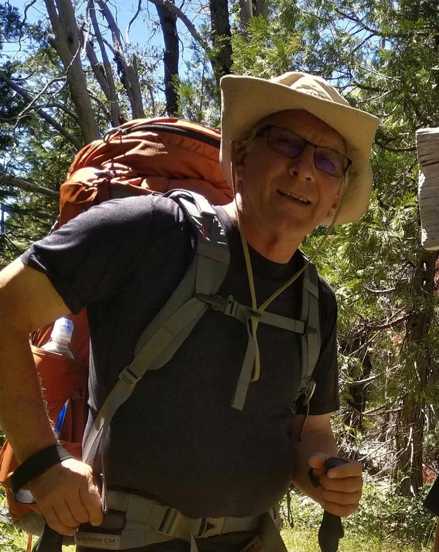 A hiker wearing a hat and glasses, with a large backpack, smiles in a lush green forest setting.