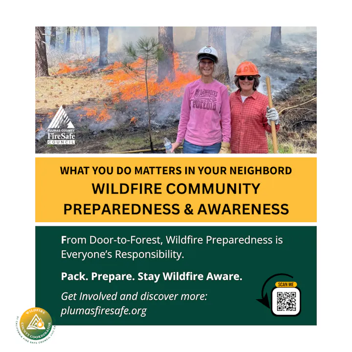The image promotes wildfire preparedness, emphasizing community involvement and responsibility. Visit plumasfiresafe.org for more info.