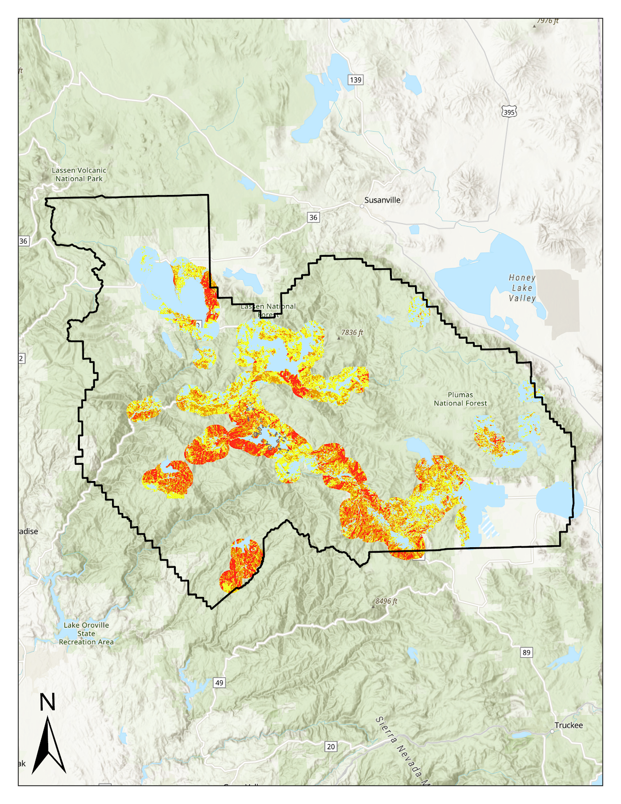 The image shows a map with highlighted areas, indicating fire data in Lassen National Park and surrounding regions.