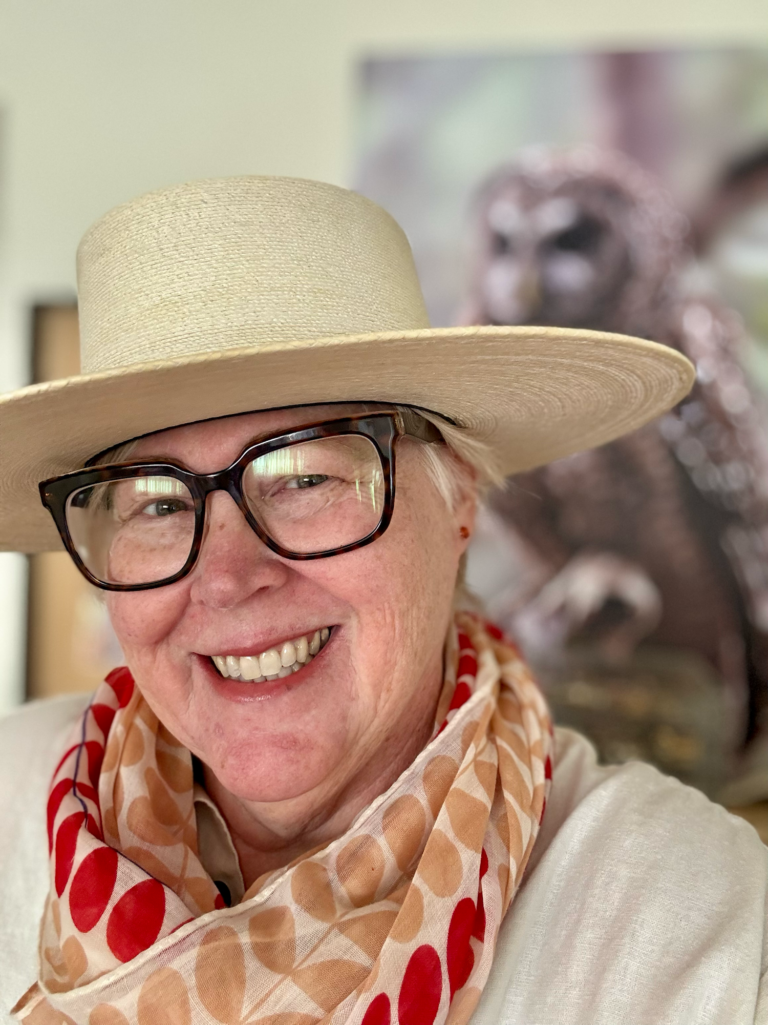 Fire Safe Home Visit program manager Marty Walters, wearing a wide-brimmed hat and a patterned scarf.