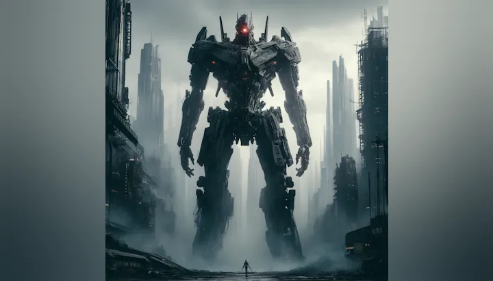 A giant robot looms over a lone figure amidst dystopian city ruins.