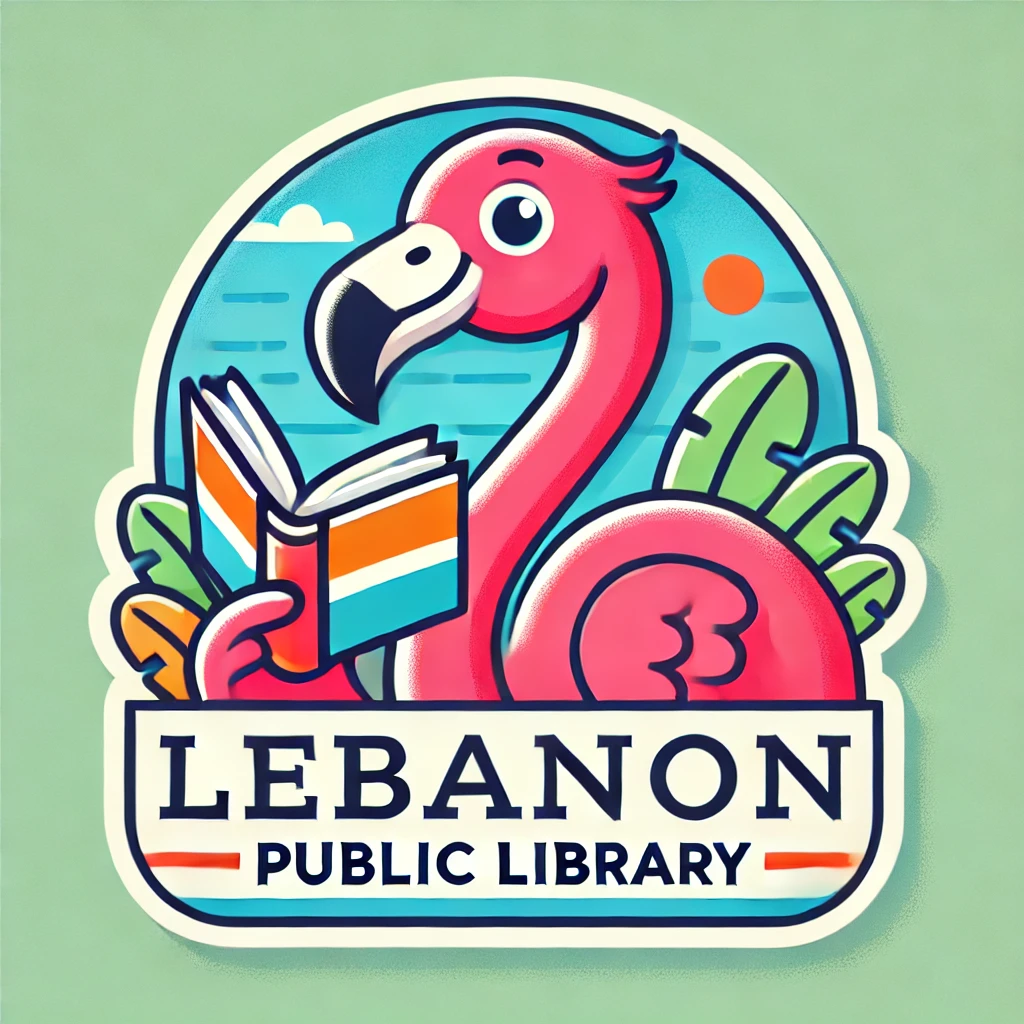 A cartoon flamingo holding a book with "Lebanon Public Library" written below.