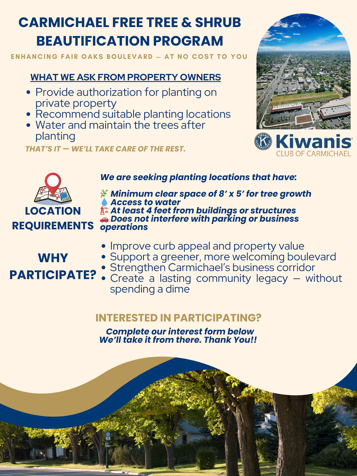 Carmichael's free tree & shrub program asks property owners to allow planting, maintain trees, enhancing local beauty at no cost.