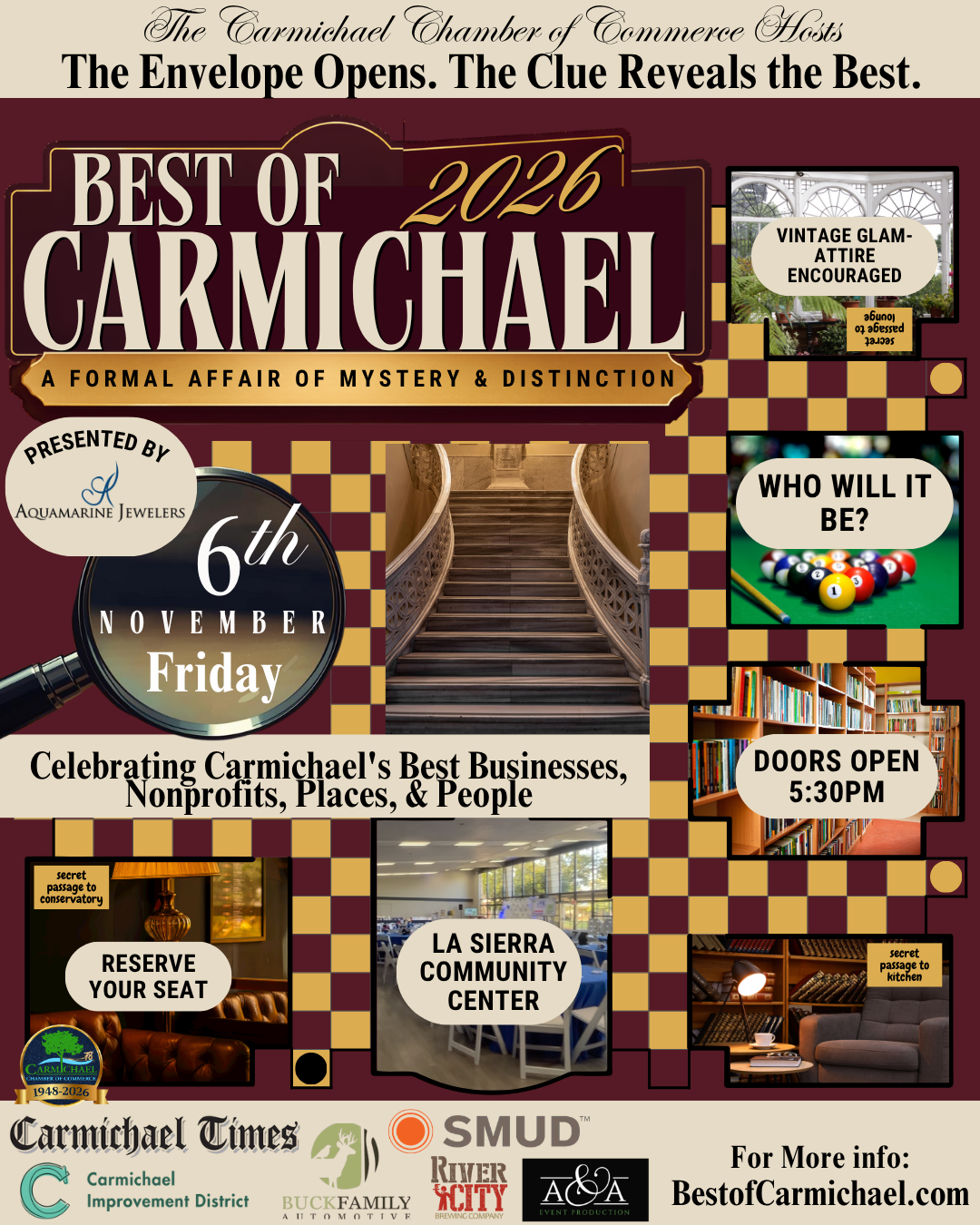 Event announcement for "Best of Carmichael 2026" on Nov 6, celebrating local businesses and people at La Sierra Community Center.