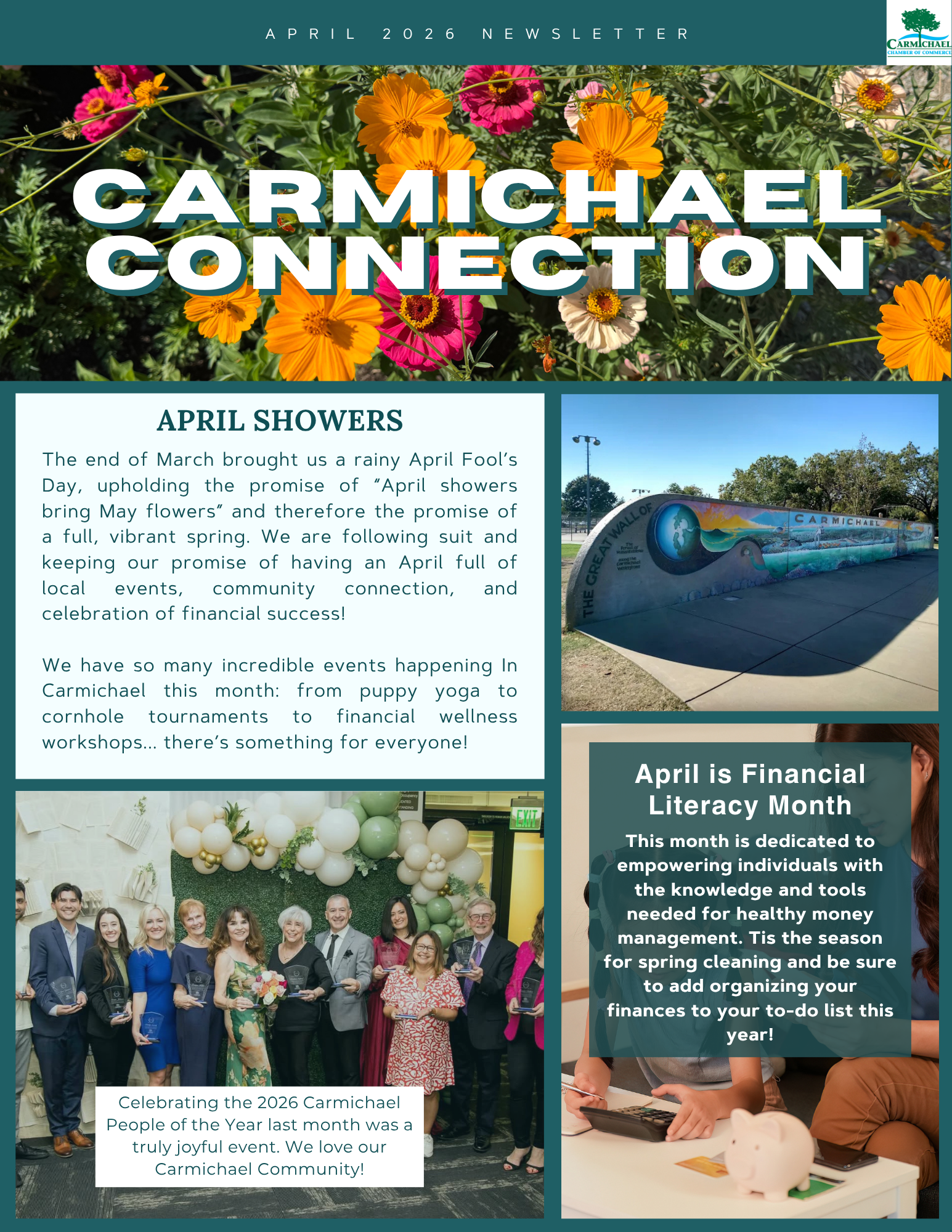 April 2026 newsletter for Carmichael highlights events, community connections, and financial literacy month activities.
