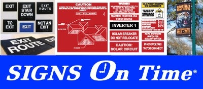Various signs, including exit and caution signs, with a "SIGNS On Time" logo at the bottom.