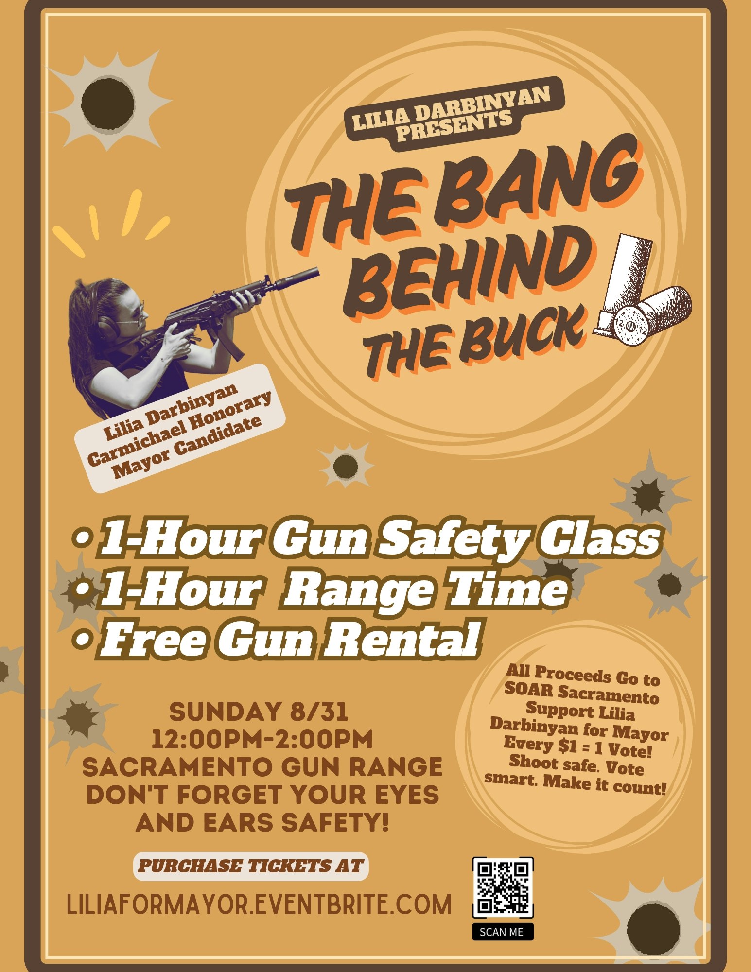 Promotional flyer for "The Bang Behind the Buck" event with gun safety class and range time in Sacramento on 8/31.